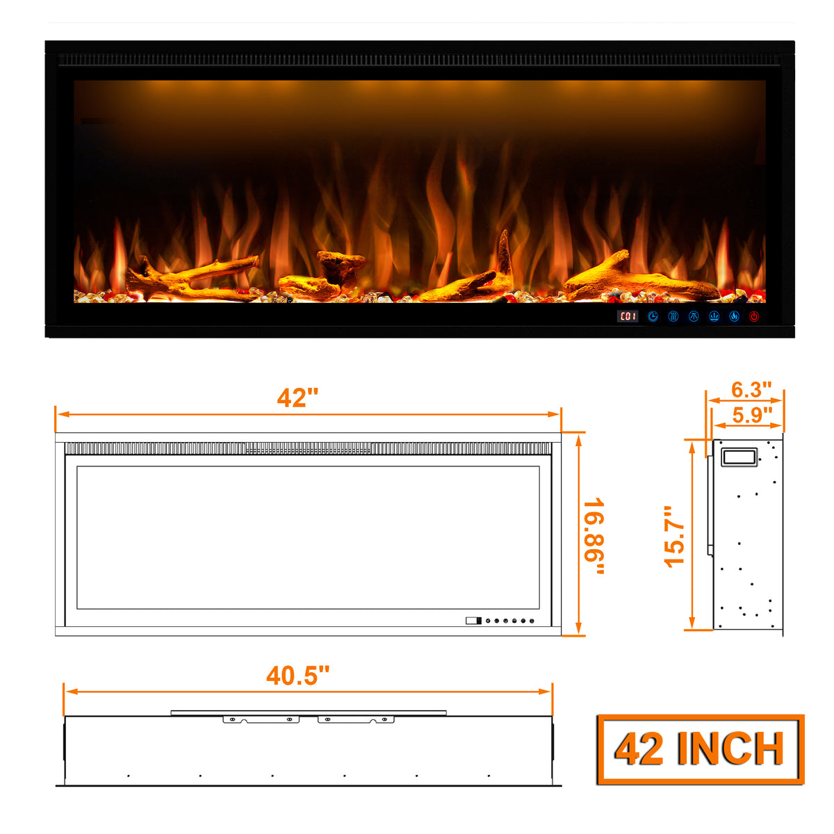 Smart Electric Fireplace with Adjustable Flame Colors, Recessed&Wall-Mounted-BIZ